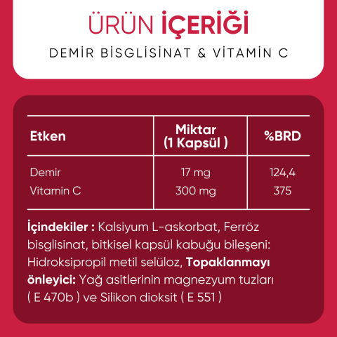 Demir Bisglisinat & Vitamin C, 60 Kapsül