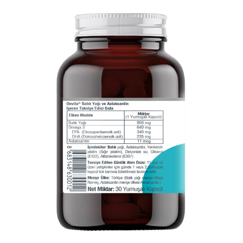 Omega 3 Balık Yağı Ve Astaksantin, Tirgliserid Form 30 Yumuşak Kapsül